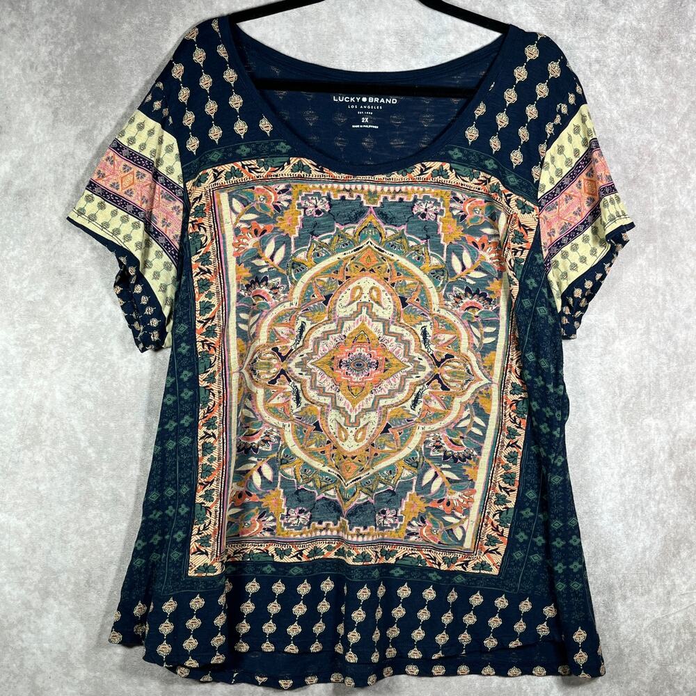 Lucky Brand Shirt Womens 2X Blue Persian Scoop‎ Neck Casual Boho Lightweight
